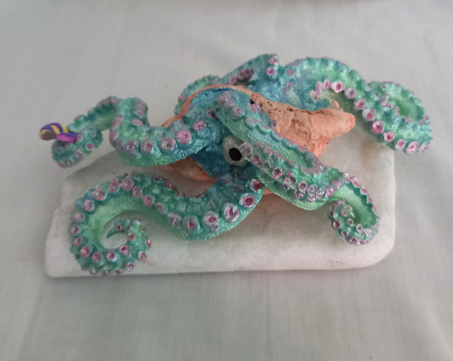 Hand made OOAK blue & green Kraken squid octopus assemblage sculpture on marble base