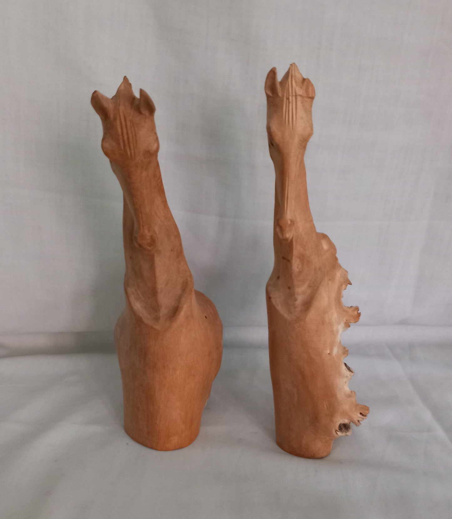 Pair of hand carved rustic wooden root horse bust statues