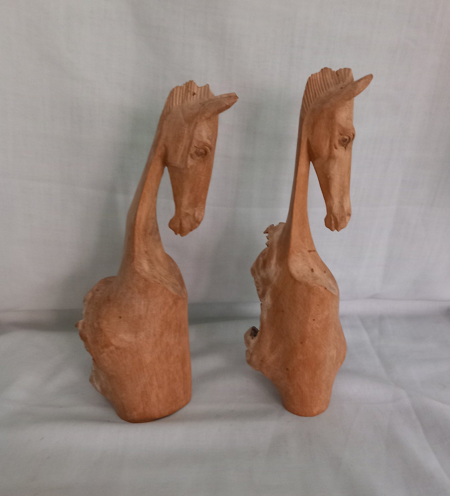 Pair of hand carved rustic wooden root horse bust statues