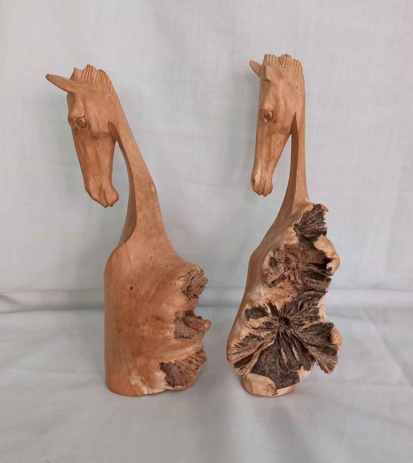 Pair of hand carved rustic wooden root horse bust statues