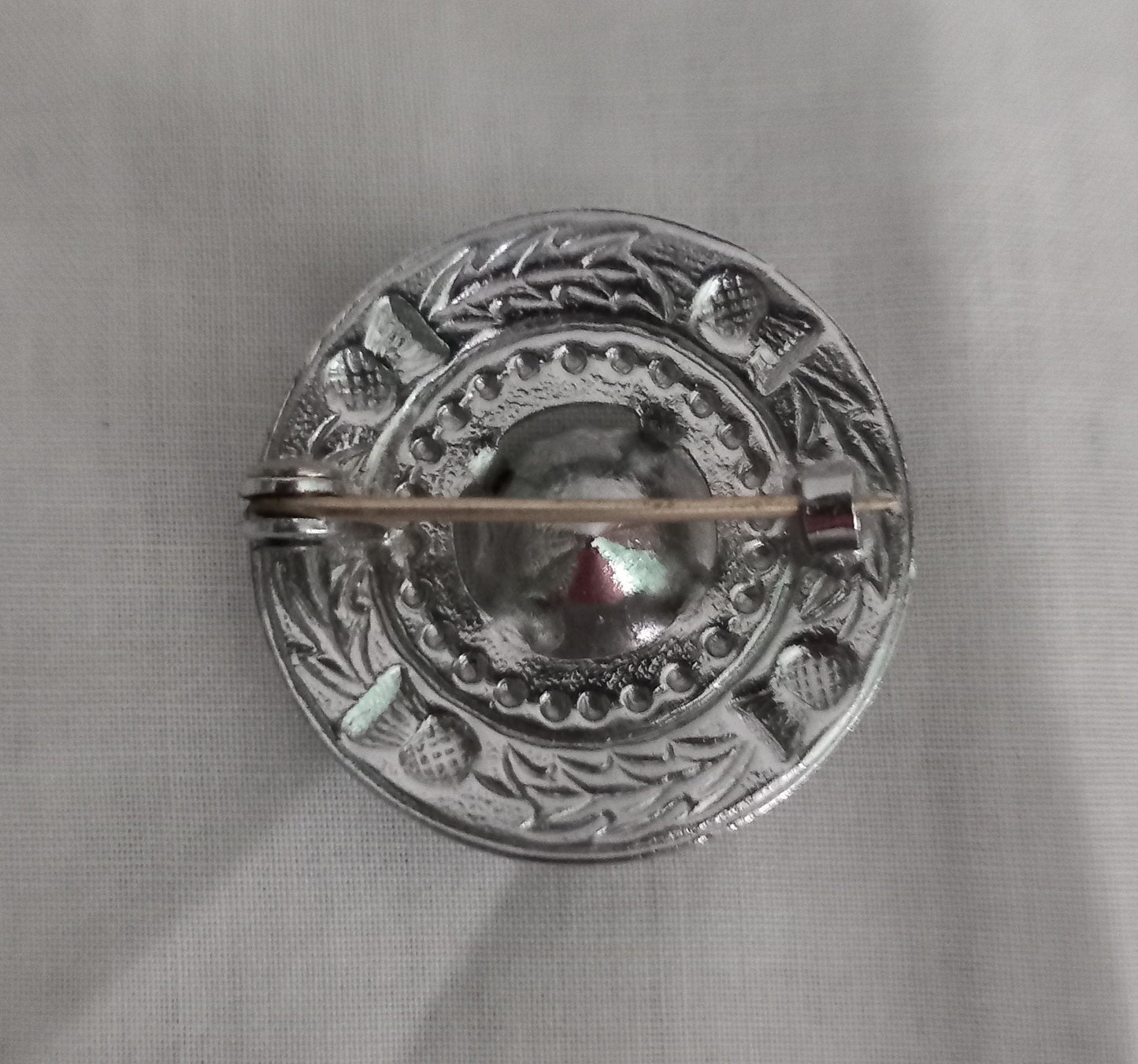 1950s Silvertone & Purple Rhinestone Round Scottish Style Thistle Brooch