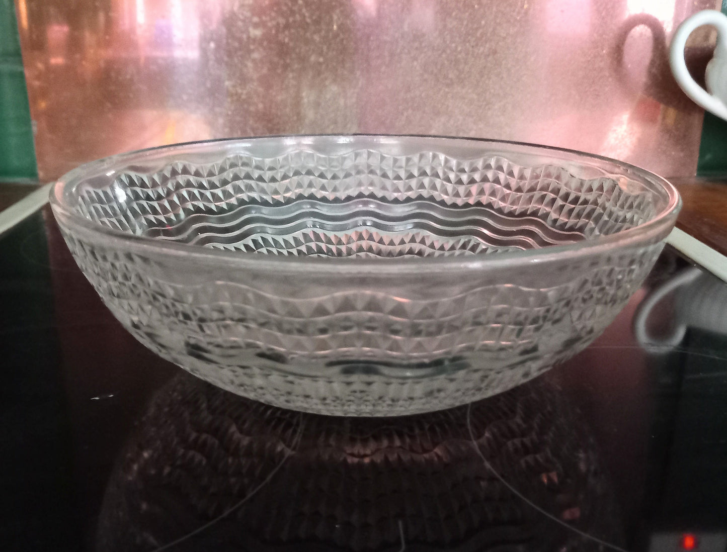 Mid century clear pressed glass serving bowl with ripple pattern 9.5"