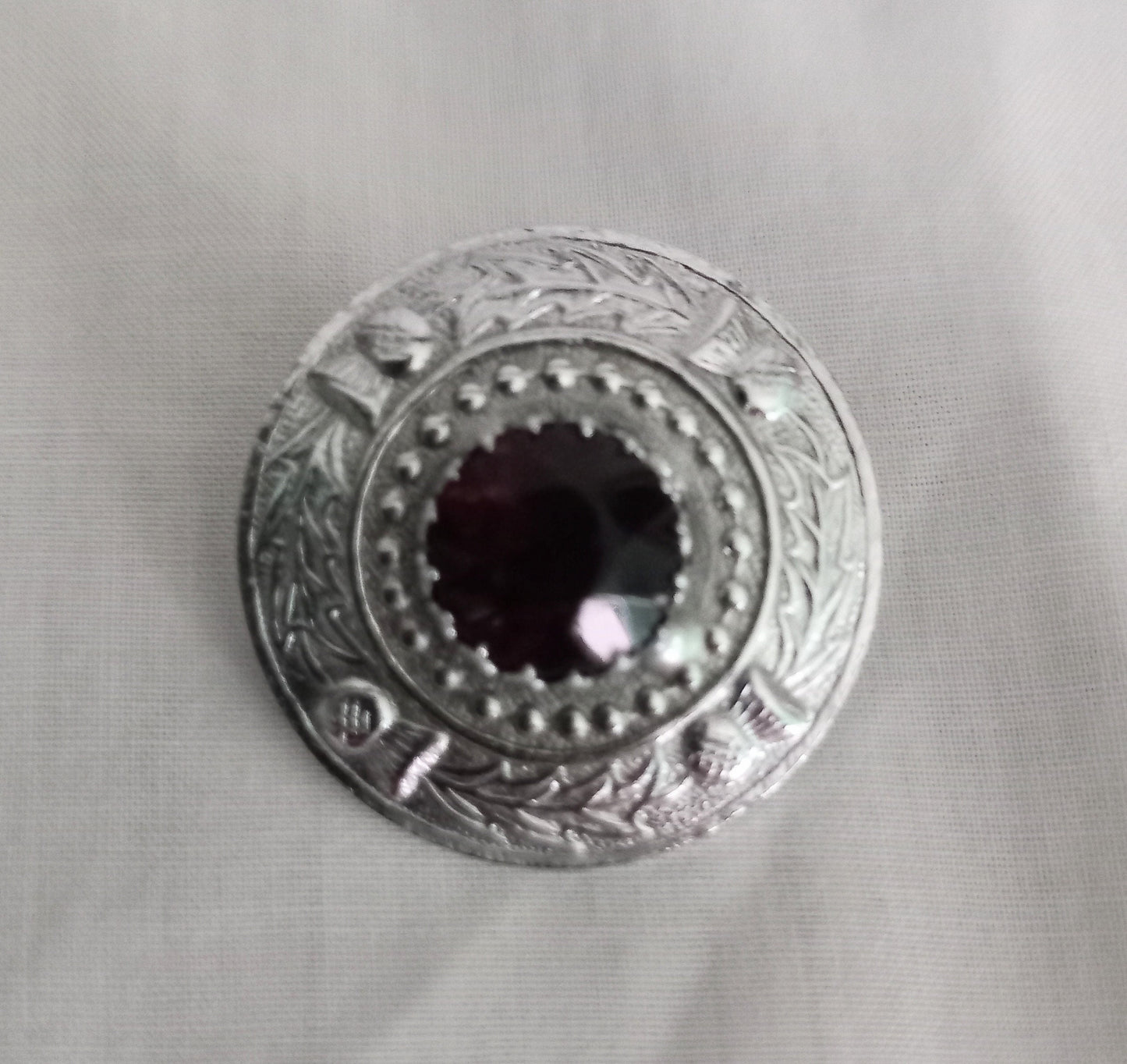 1950s Silvertone & Purple Rhinestone Round Scottish Style Thistle Brooch