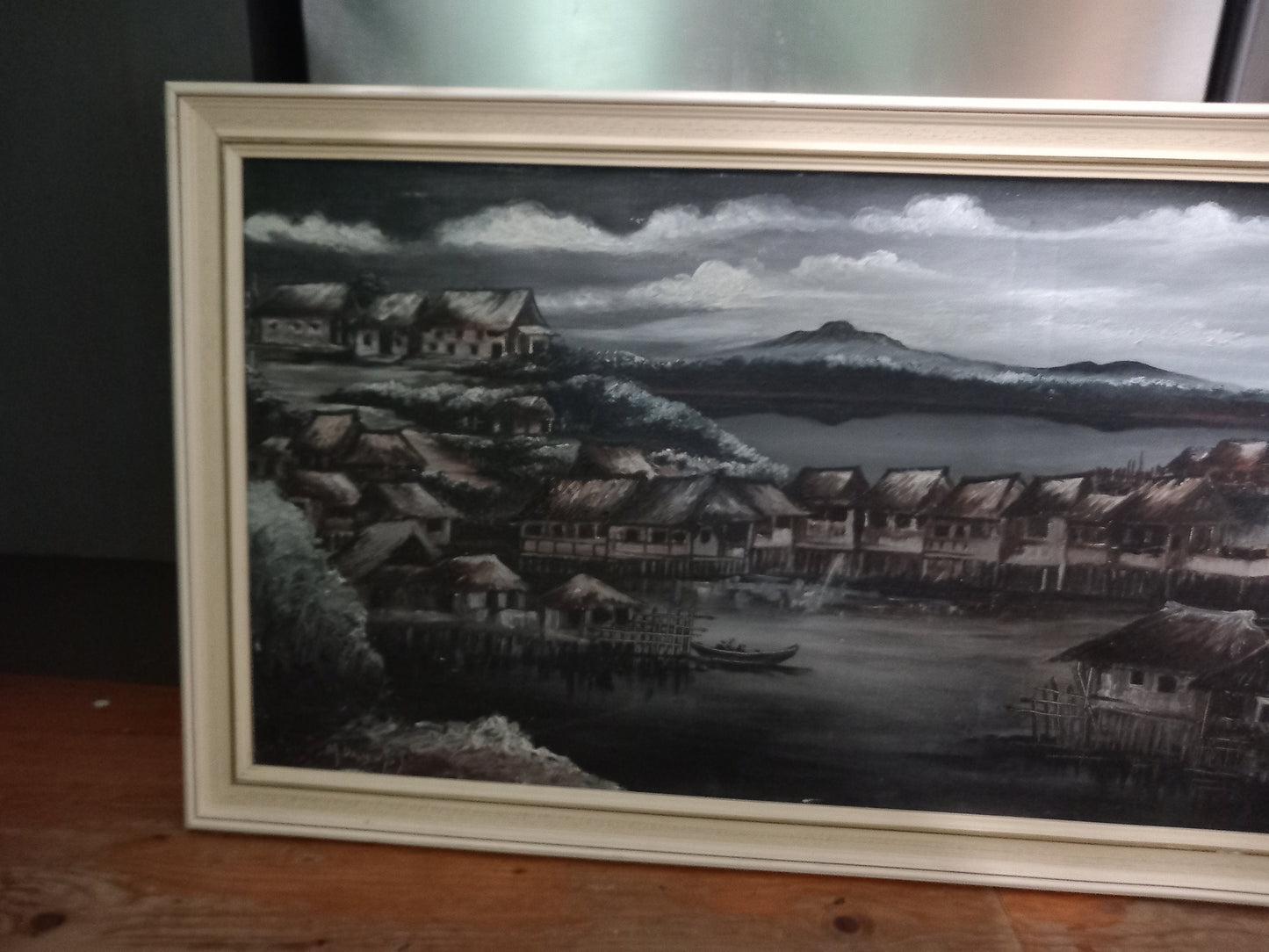 Vintage Mid Century Large Eastern oil painting of moody grey Sky And Huts 44.5"
