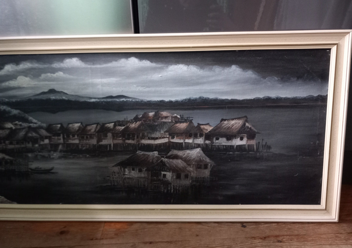 Vintage Mid Century Large Eastern oil painting of moody grey Sky And Huts 44.5"