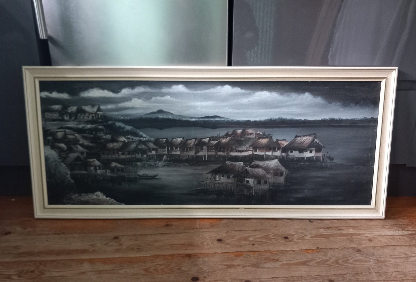Vintage Mid Century Large Eastern oil painting of moody grey Sky And Huts 44.5"