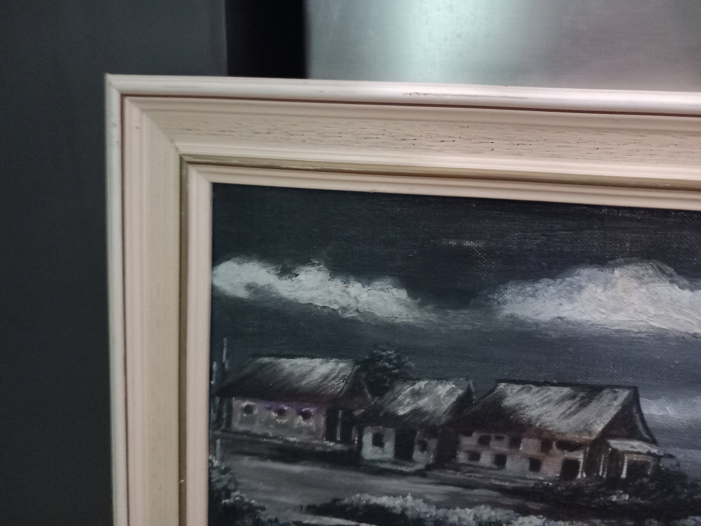 Vintage Mid Century Large Eastern oil painting of moody grey Sky And Huts 44.5"