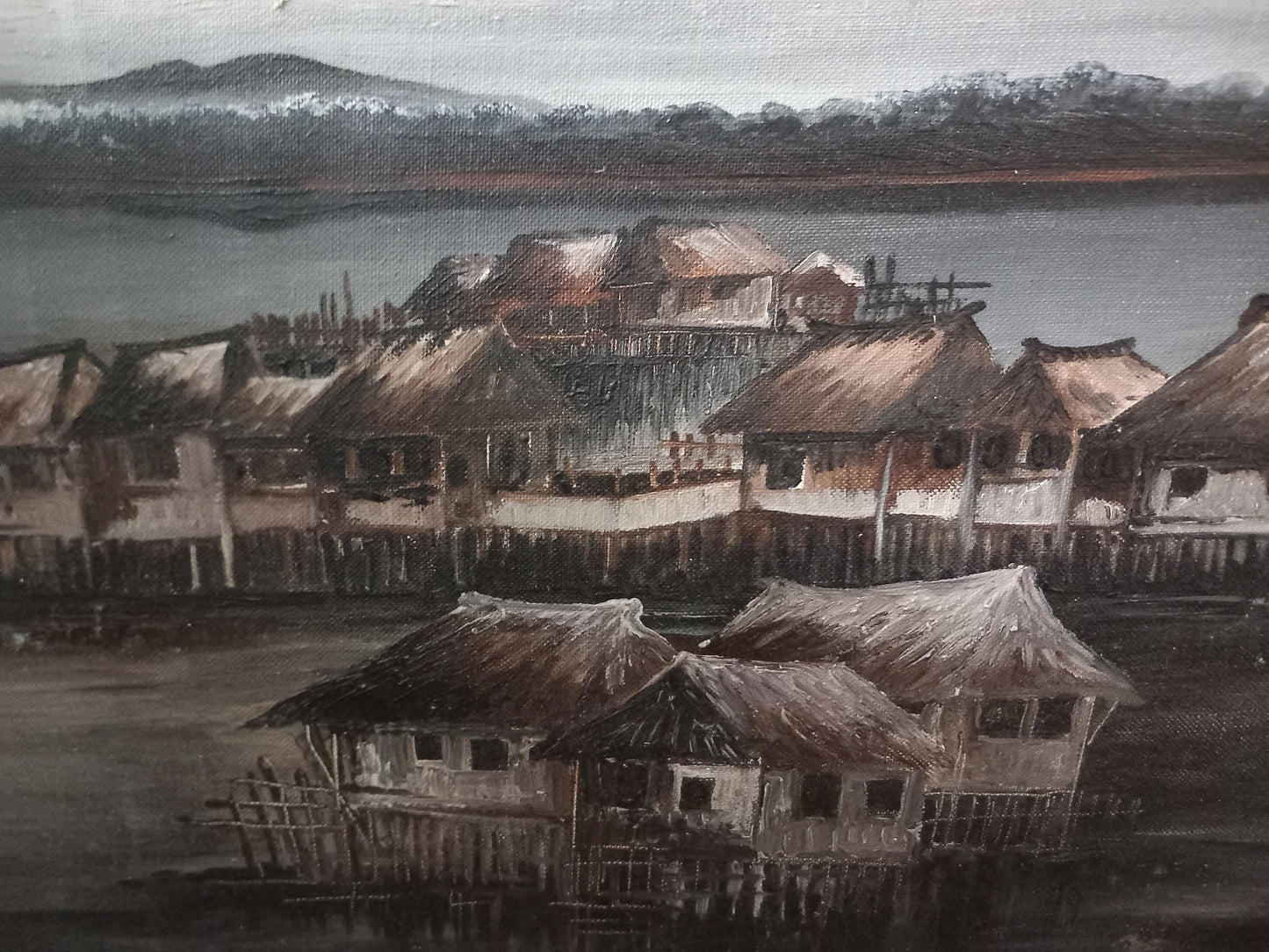 Vintage Mid Century Large Eastern oil painting of moody grey Sky And Huts 44.5"