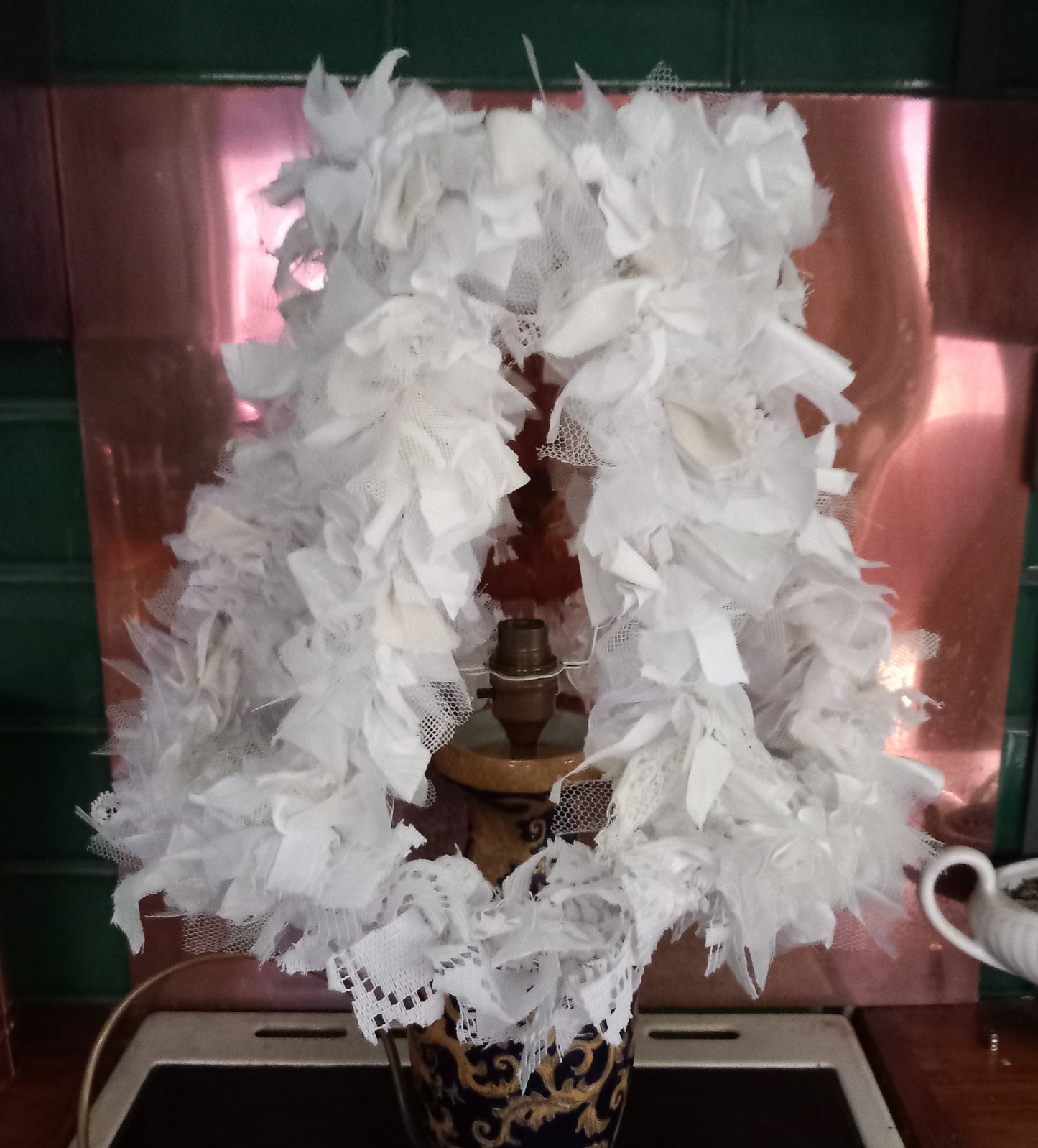 Hand made large white rag lampshade