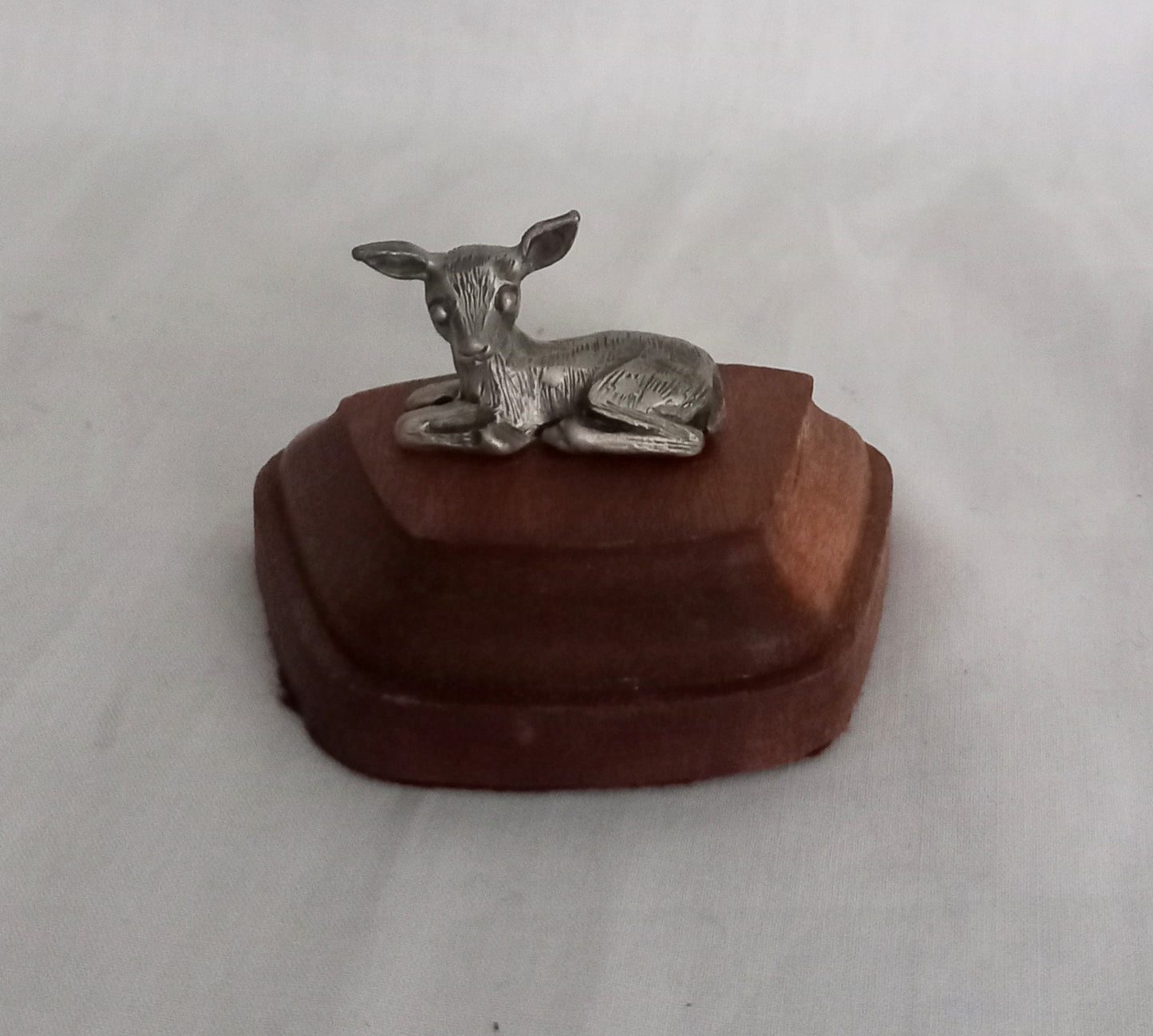 1970s Small Silvertone Metal Deer Statue On Wooden Base 6.5cm
