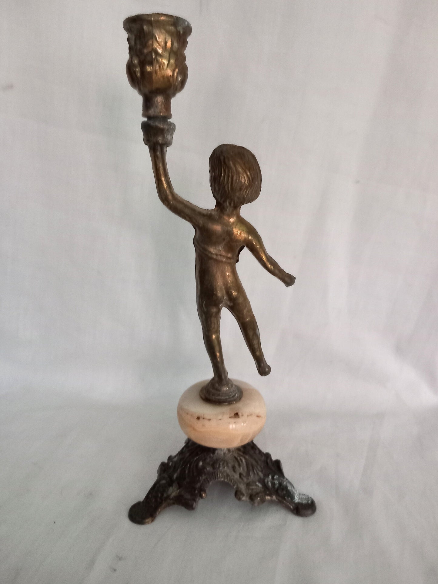 1970s Rococo Style Brass & Onyx Cherub Candlestick