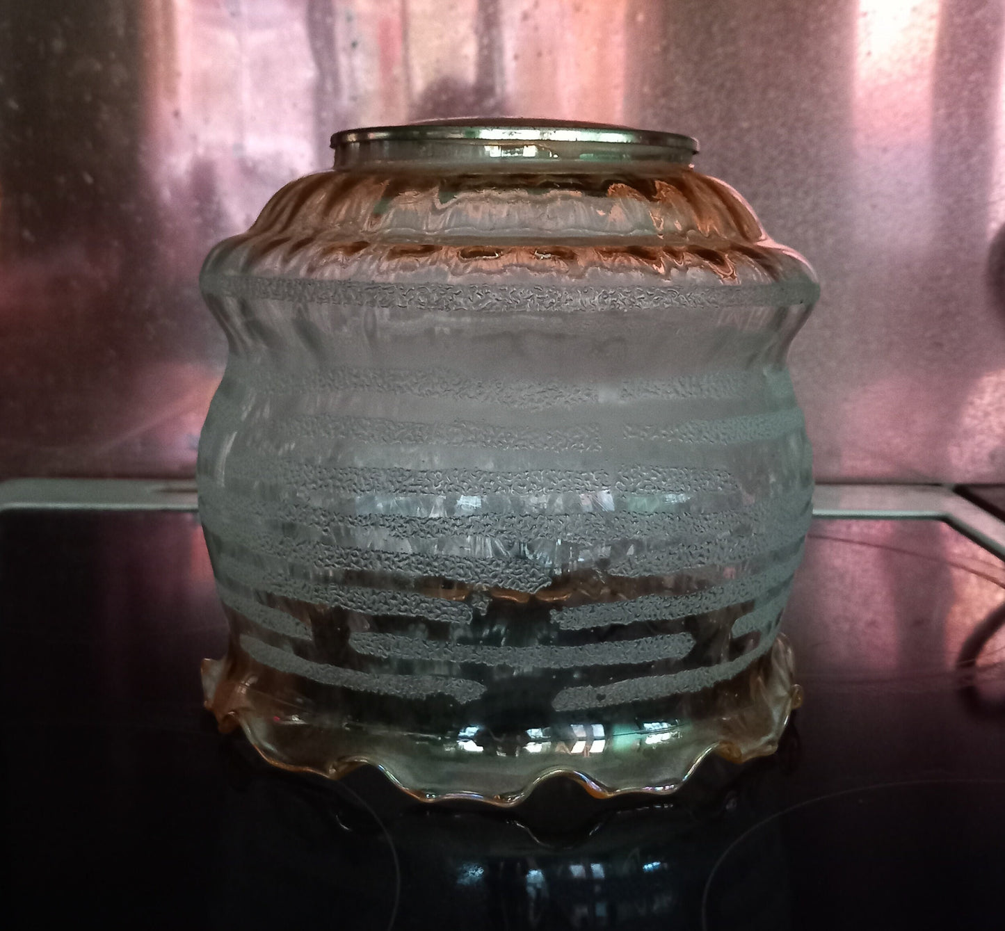 1970s Frosted Stripe & Gold Lustre Glass Pendant Light Shade 6.75"