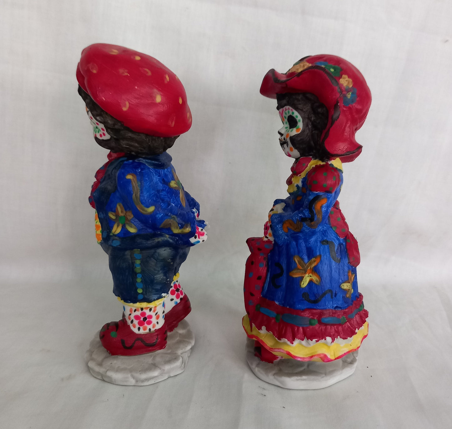 Pair Of Hand Painted Day Of The Dead Boy & Girl Sugar Skull Statues