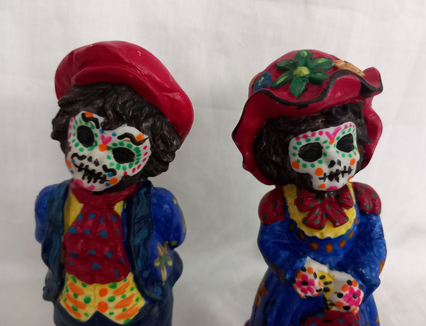 Pair Of Hand Painted Day Of The Dead Boy & Girl Sugar Skull Statues