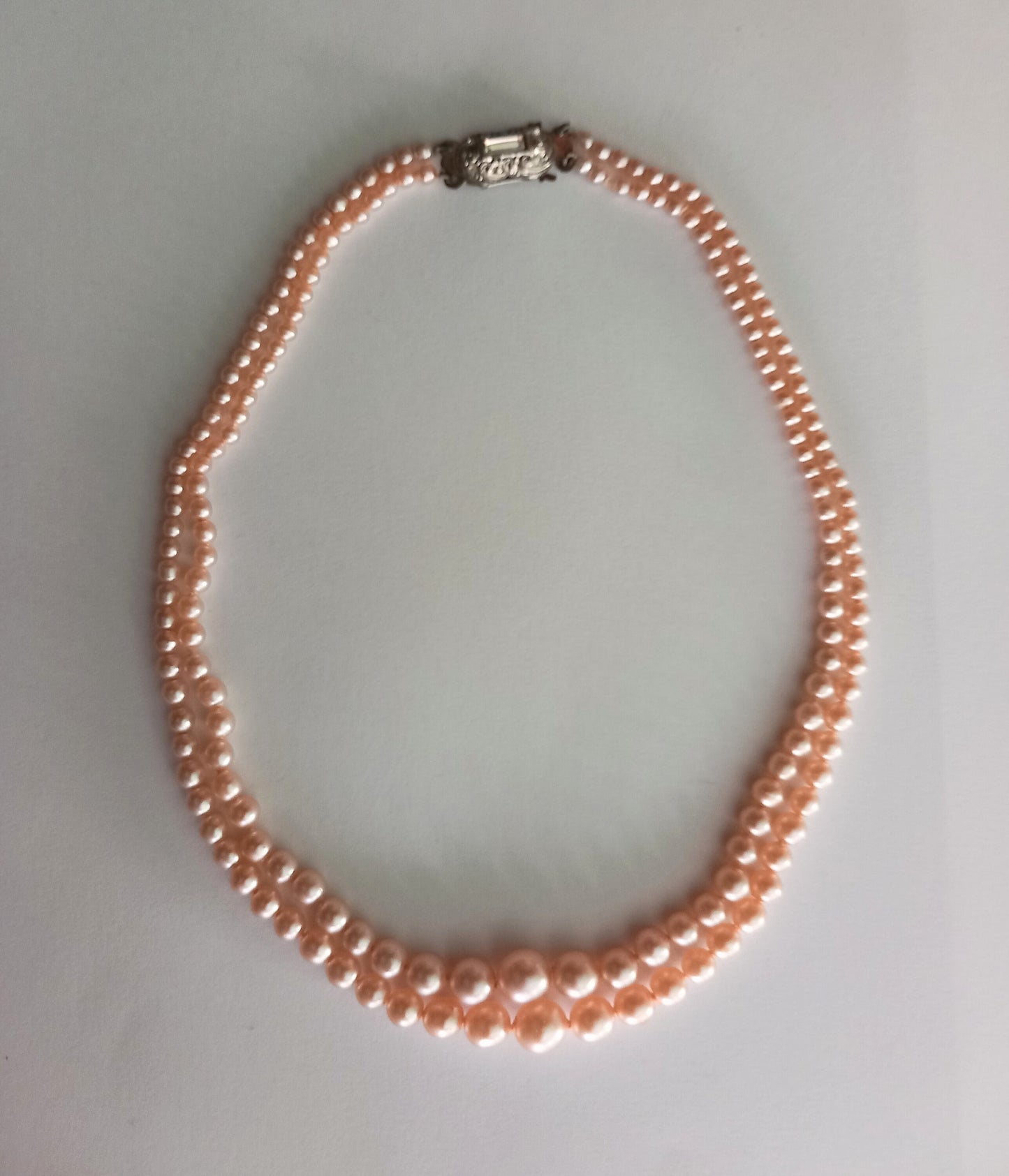 Mid Century Two Stranded White Glass Pearl Graduated Bead Necklace With Rhinestone Clasp