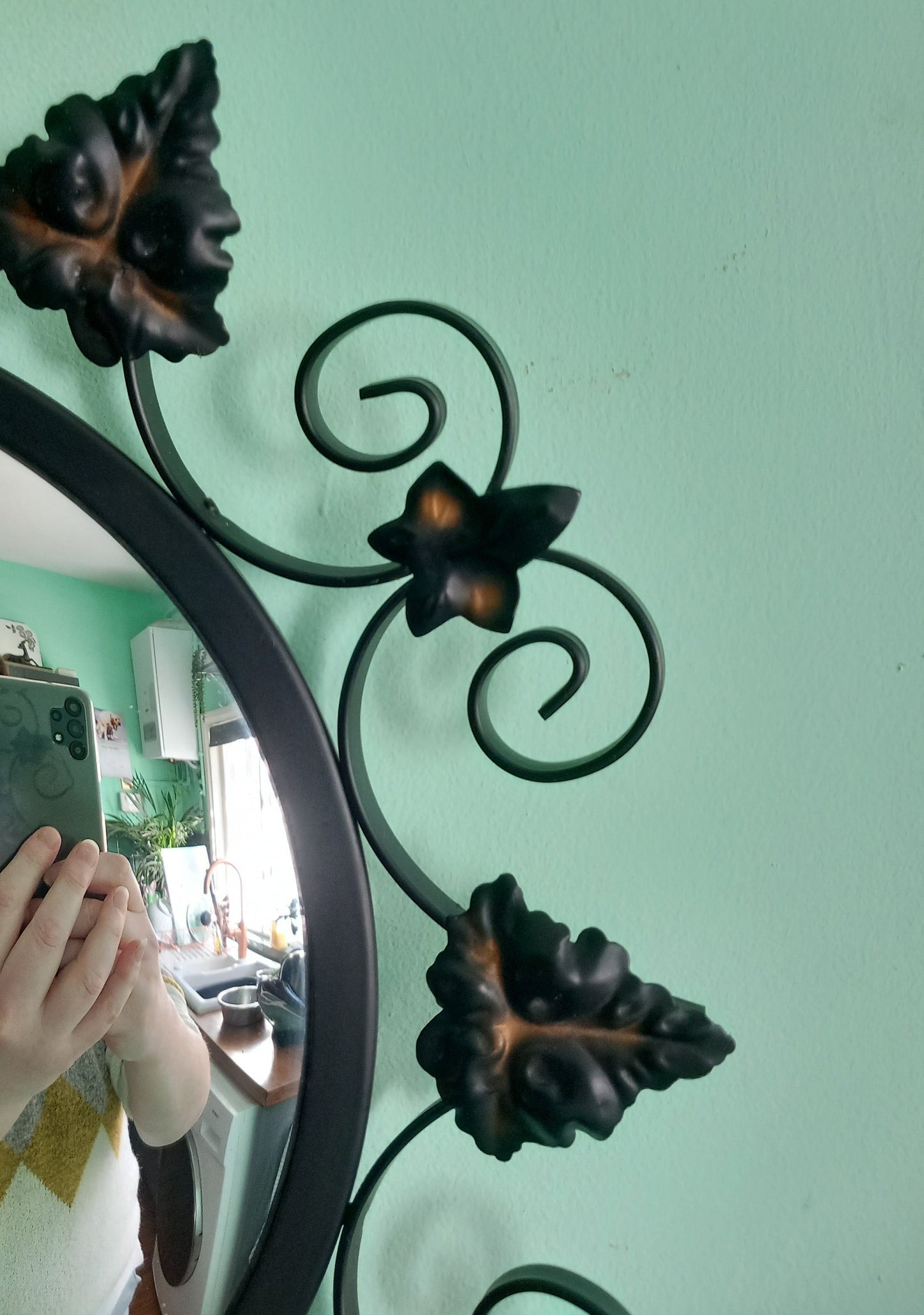 1970s Black Curled Metal Leaf Design Convex Wall Mirror 17.5"