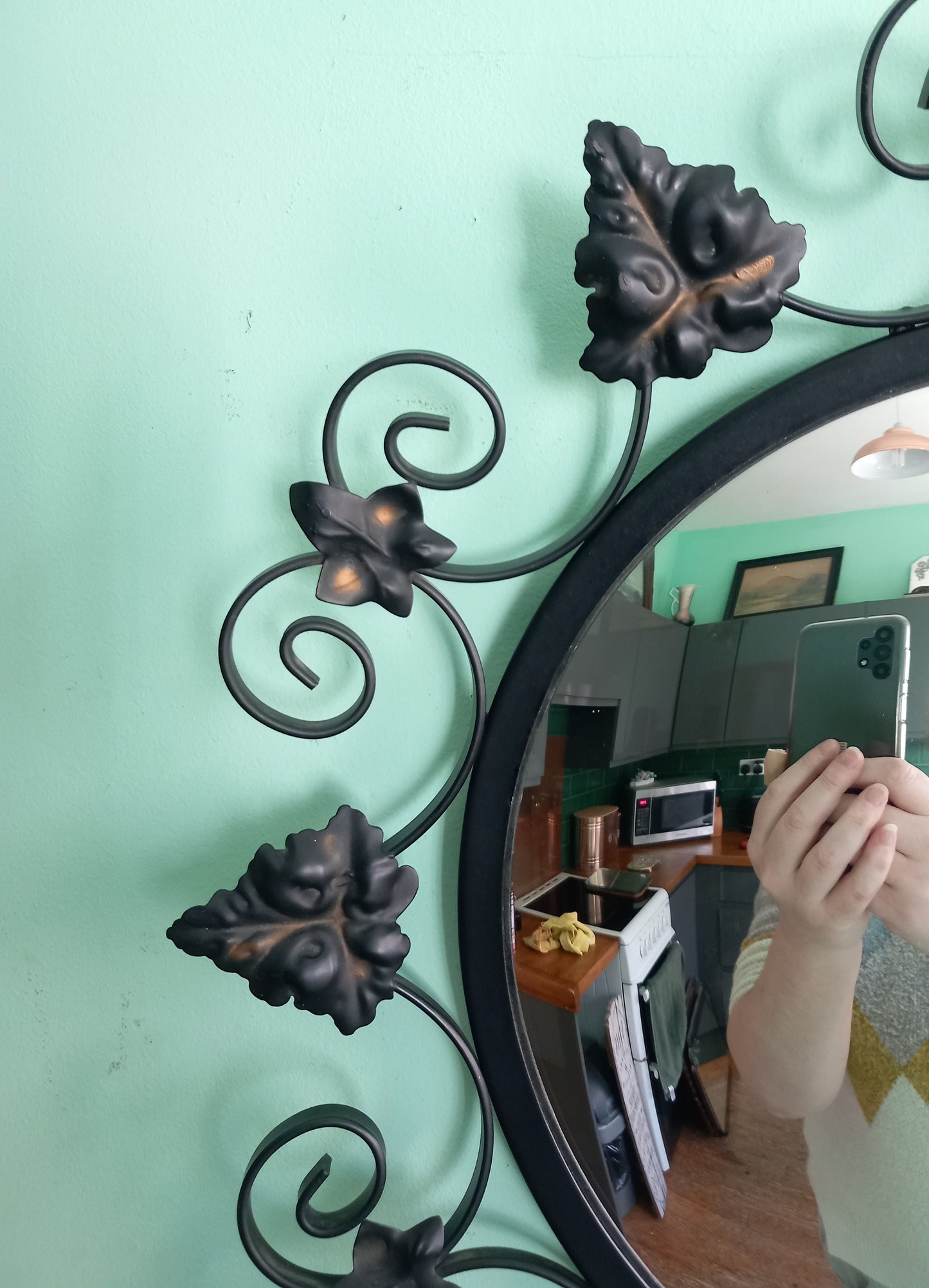 1970s Black Curled Metal Leaf Design Convex Wall Mirror 17.5"