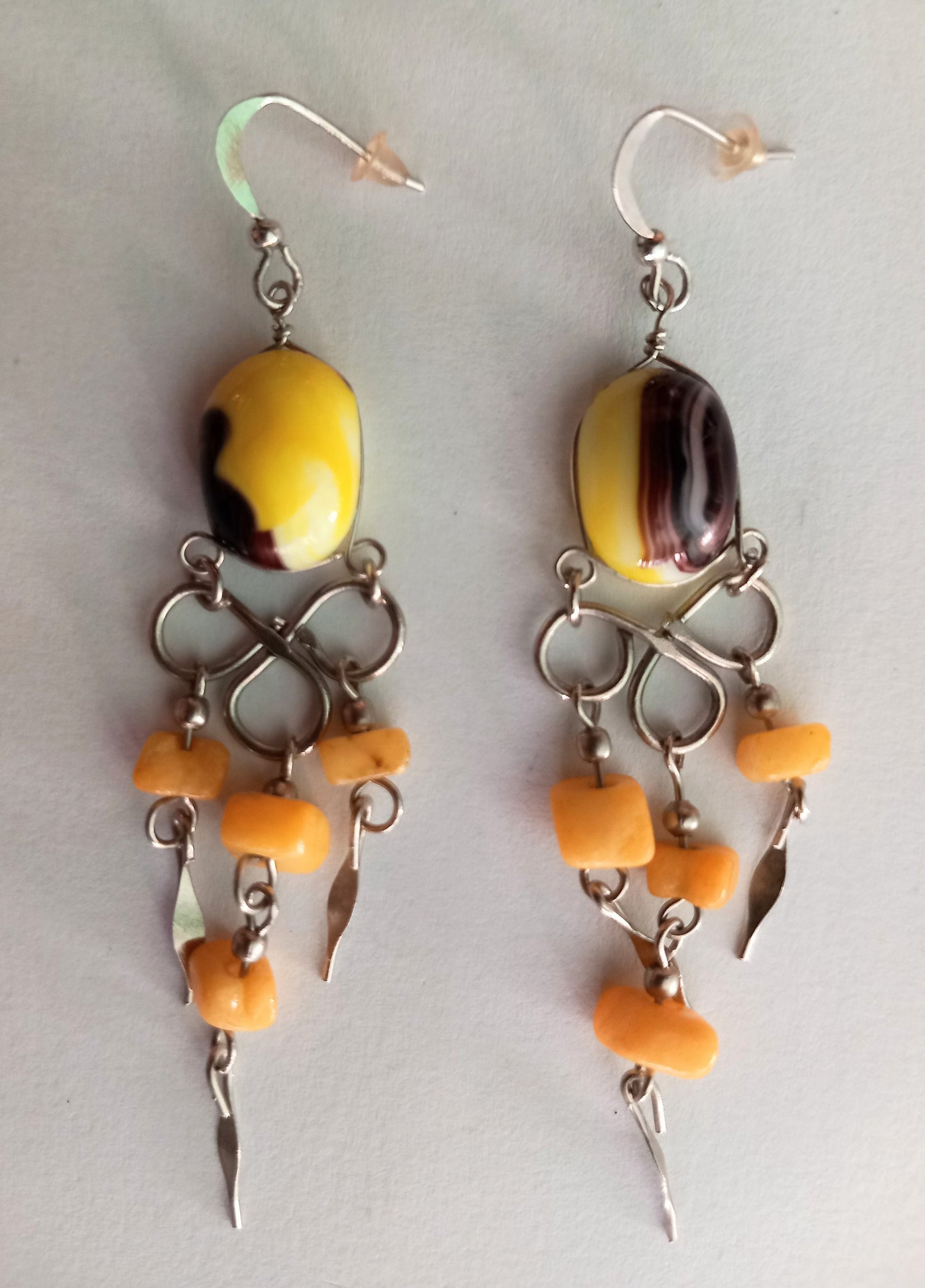Yellow glass bead & semi precious stone necklace and earrings set