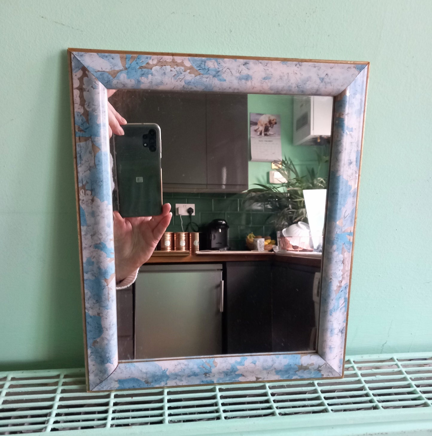 1980s Blue Flower Design Resin framed small wall mirror 12"