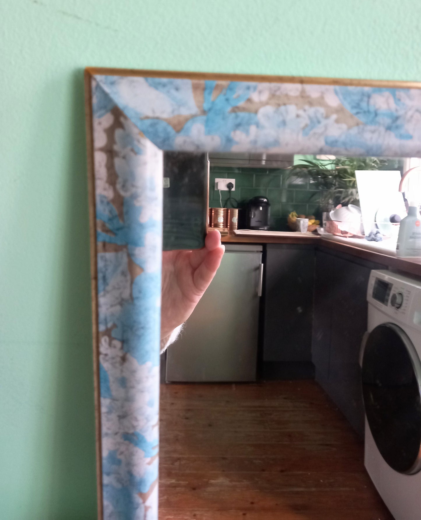1980s Blue Flower Design Resin framed small wall mirror 12"