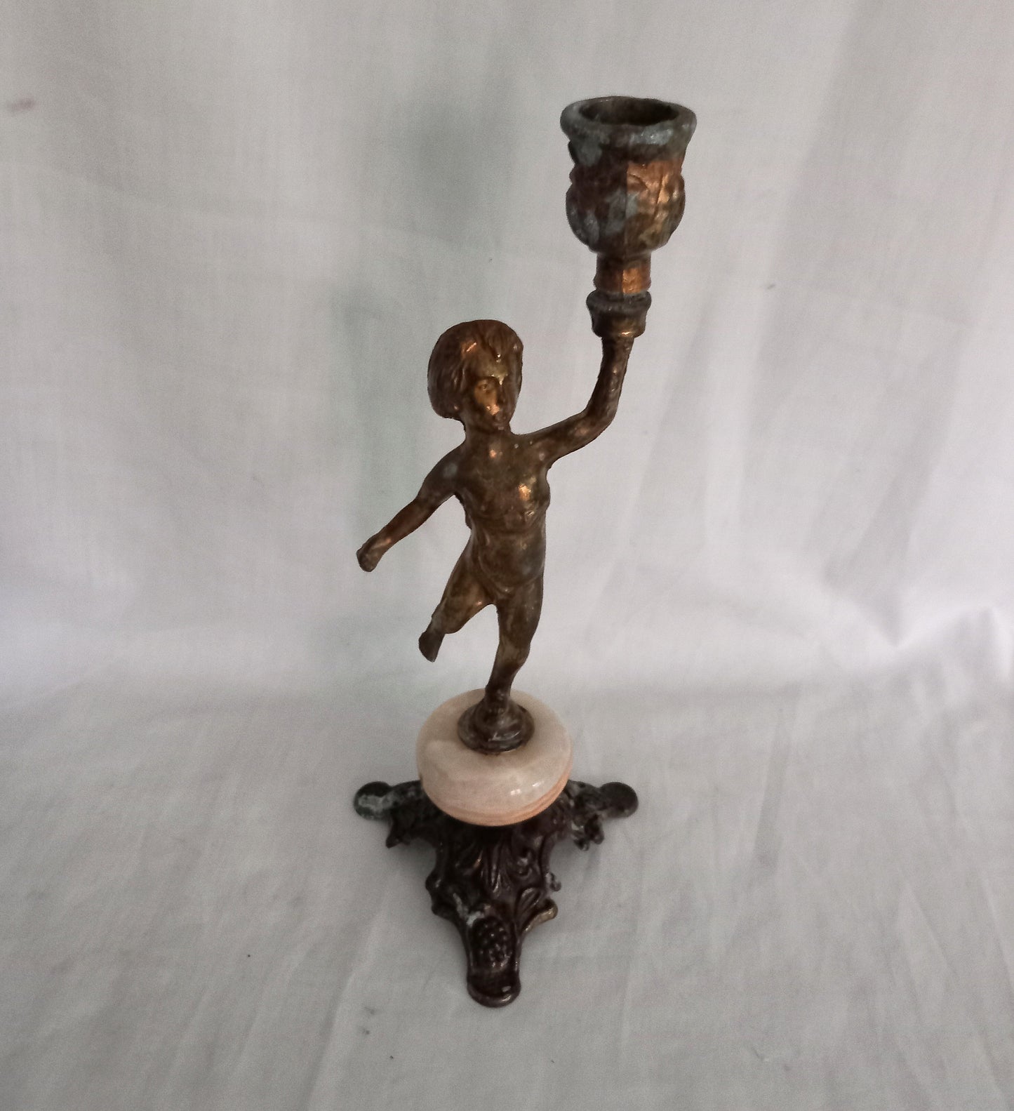 1970s Rococo Style Brass & Onyx Cherub Candlestick