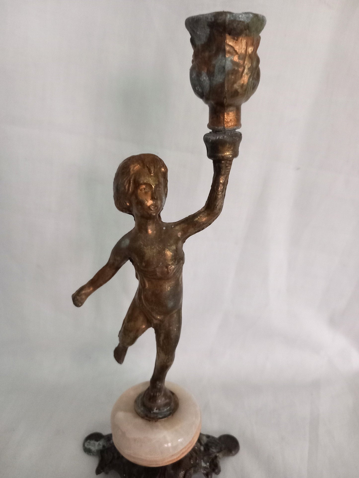 1970s Rococo Style Brass & Onyx Cherub Candlestick