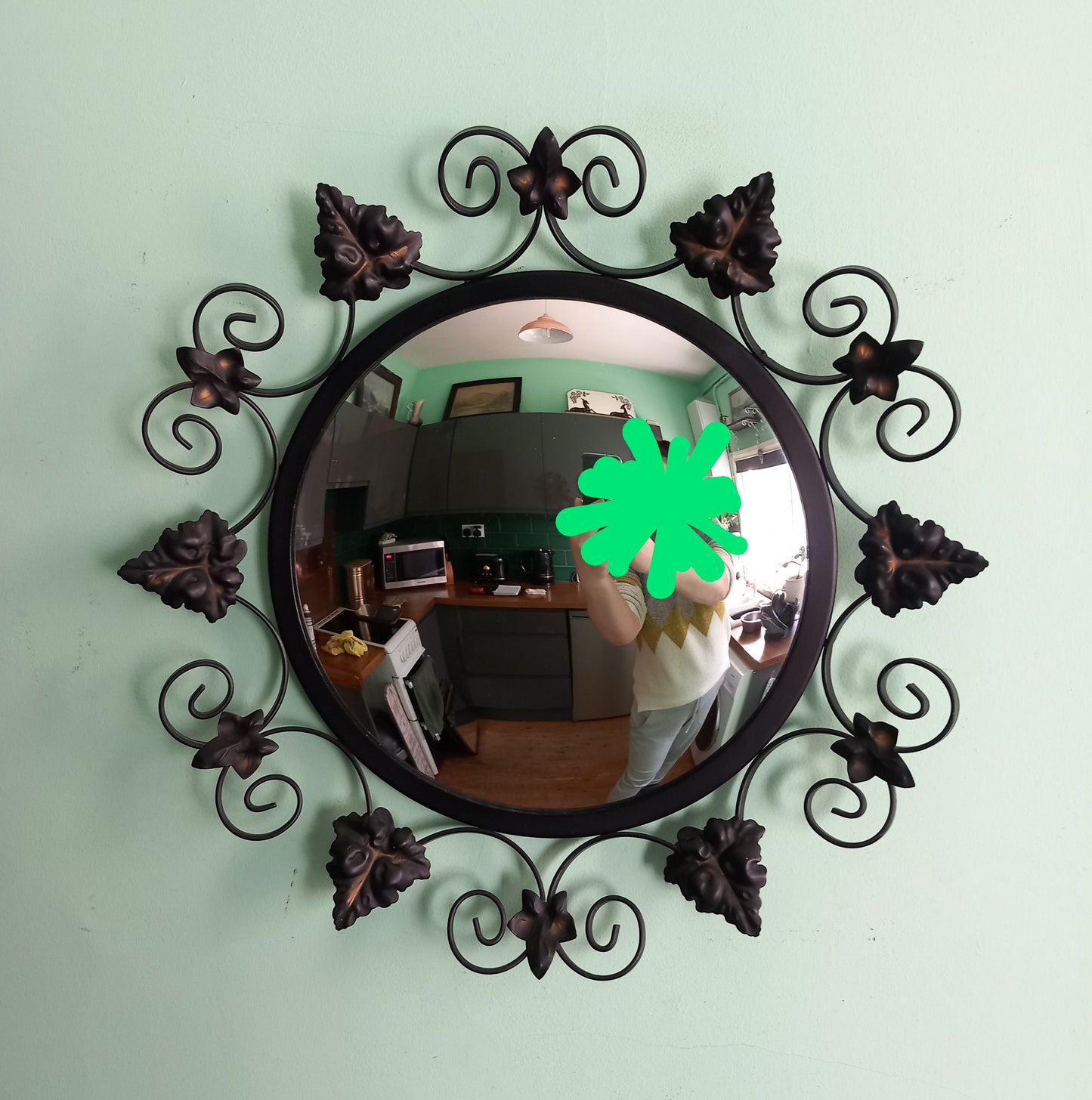 1970s Black Curled Metal Leaf Design Convex Wall Mirror 17.5"