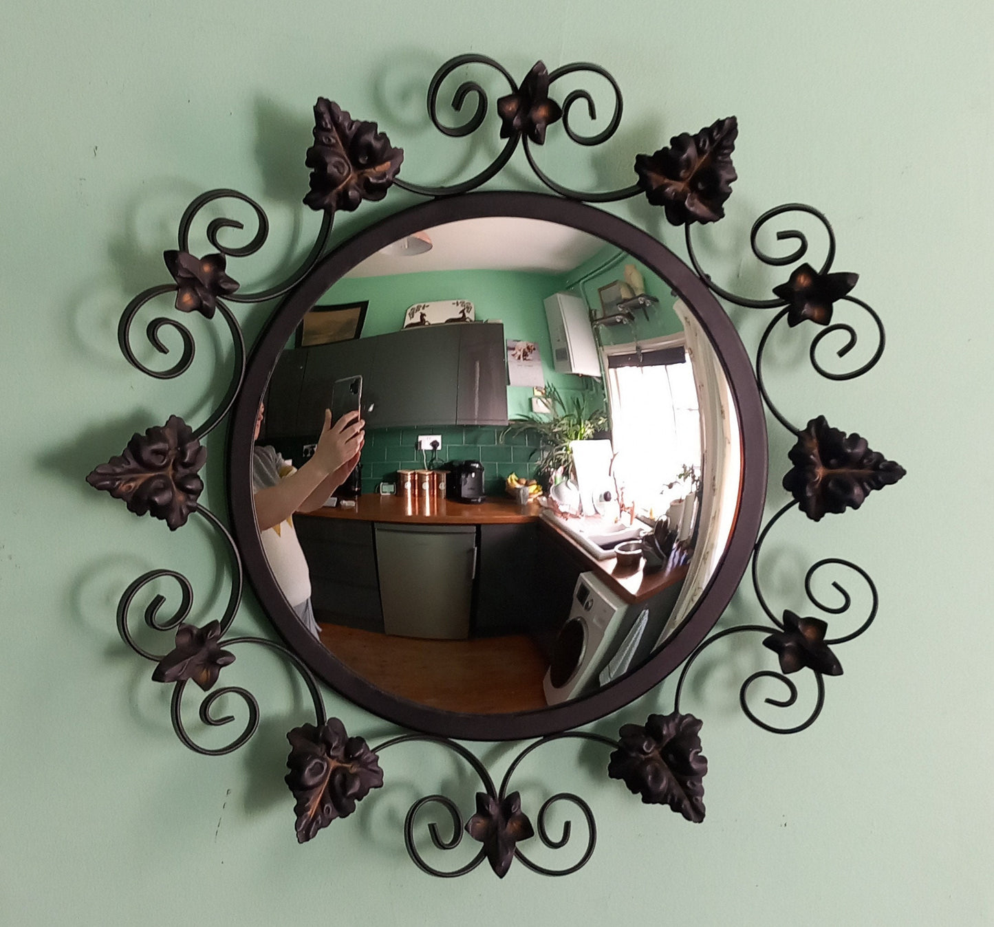 1970s Black Curled Metal Leaf Design Convex Wall Mirror 17.5"