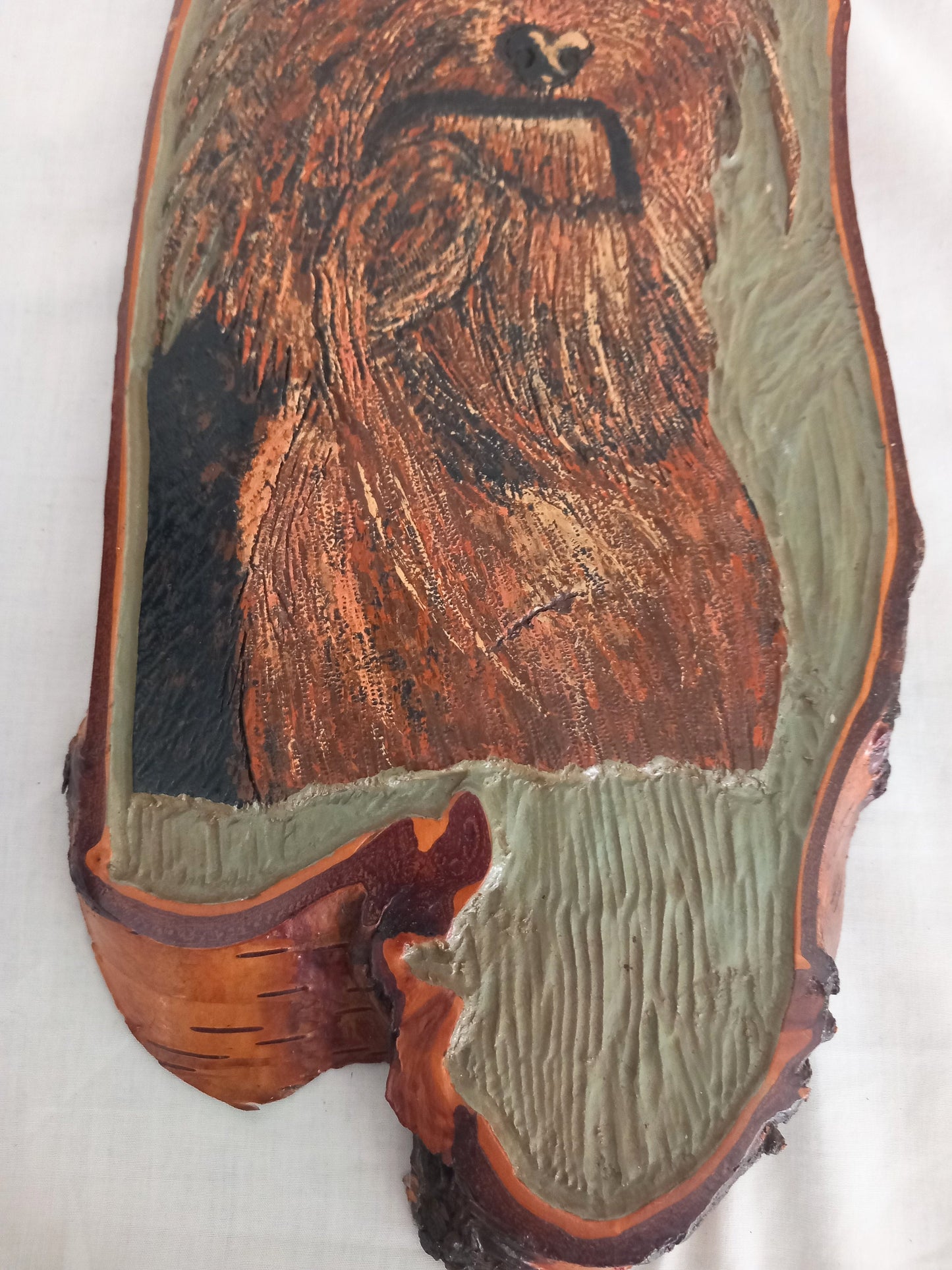 Hand made Tree Trunk Slice Carved Wood Yorkshire Terrier Dog Wall Art