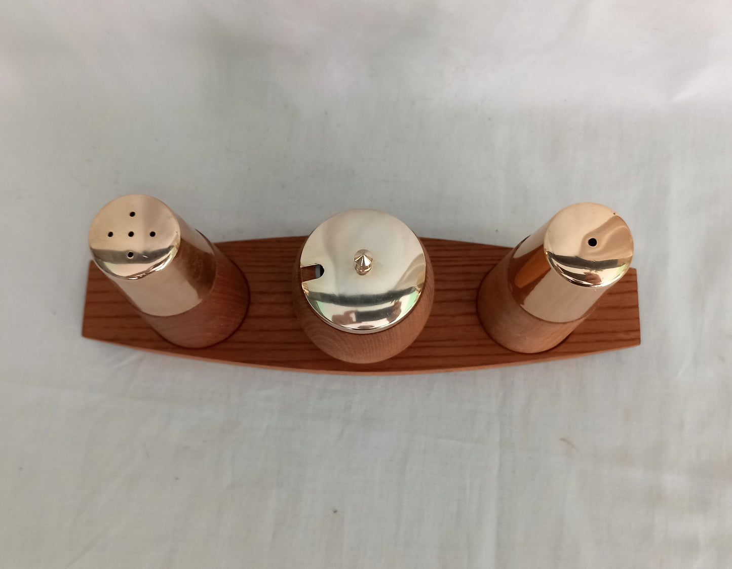 1970s Teak Wood And Gold Metal Cruet Set