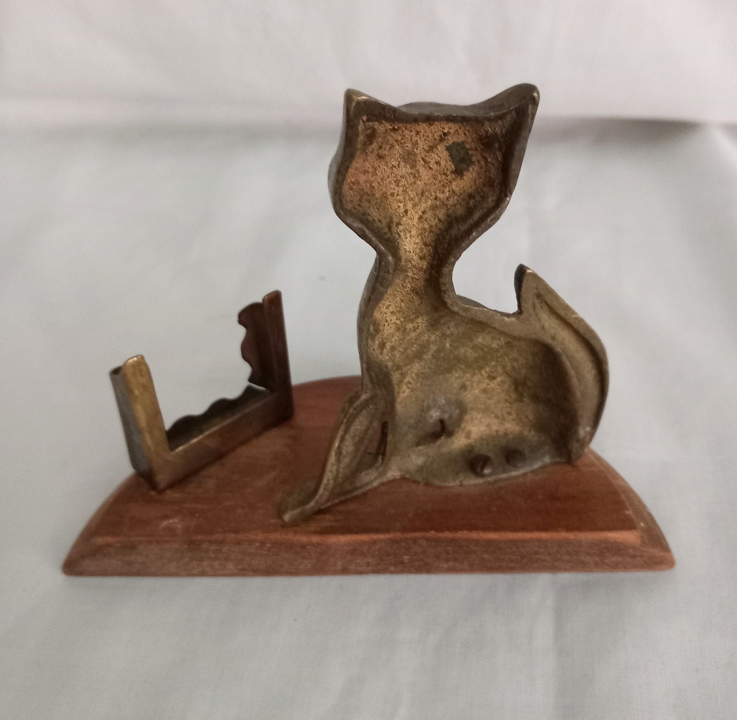 Mid Century Brass Cat Match Holder & Striker With Red Glass Eyes & Wooden Base