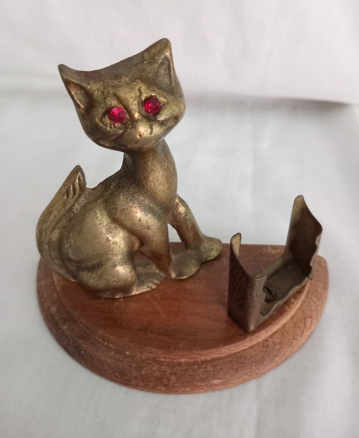 Mid Century Brass Cat Match Holder & Striker With Red Glass Eyes & Wooden Base