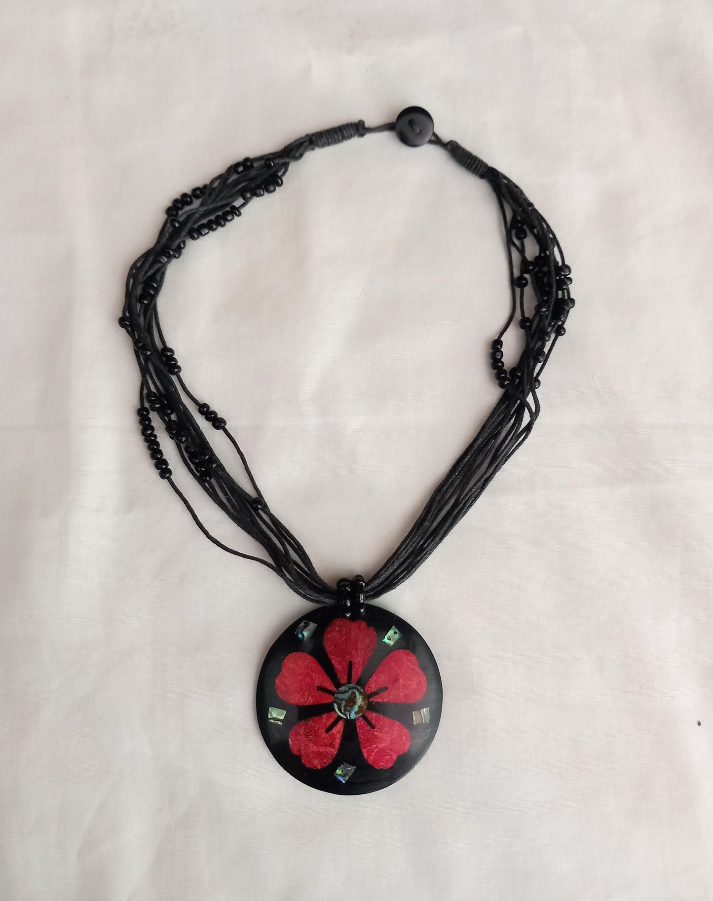 Red & Black Flower Design Beaded Pendant necklace With Abalone Inlay