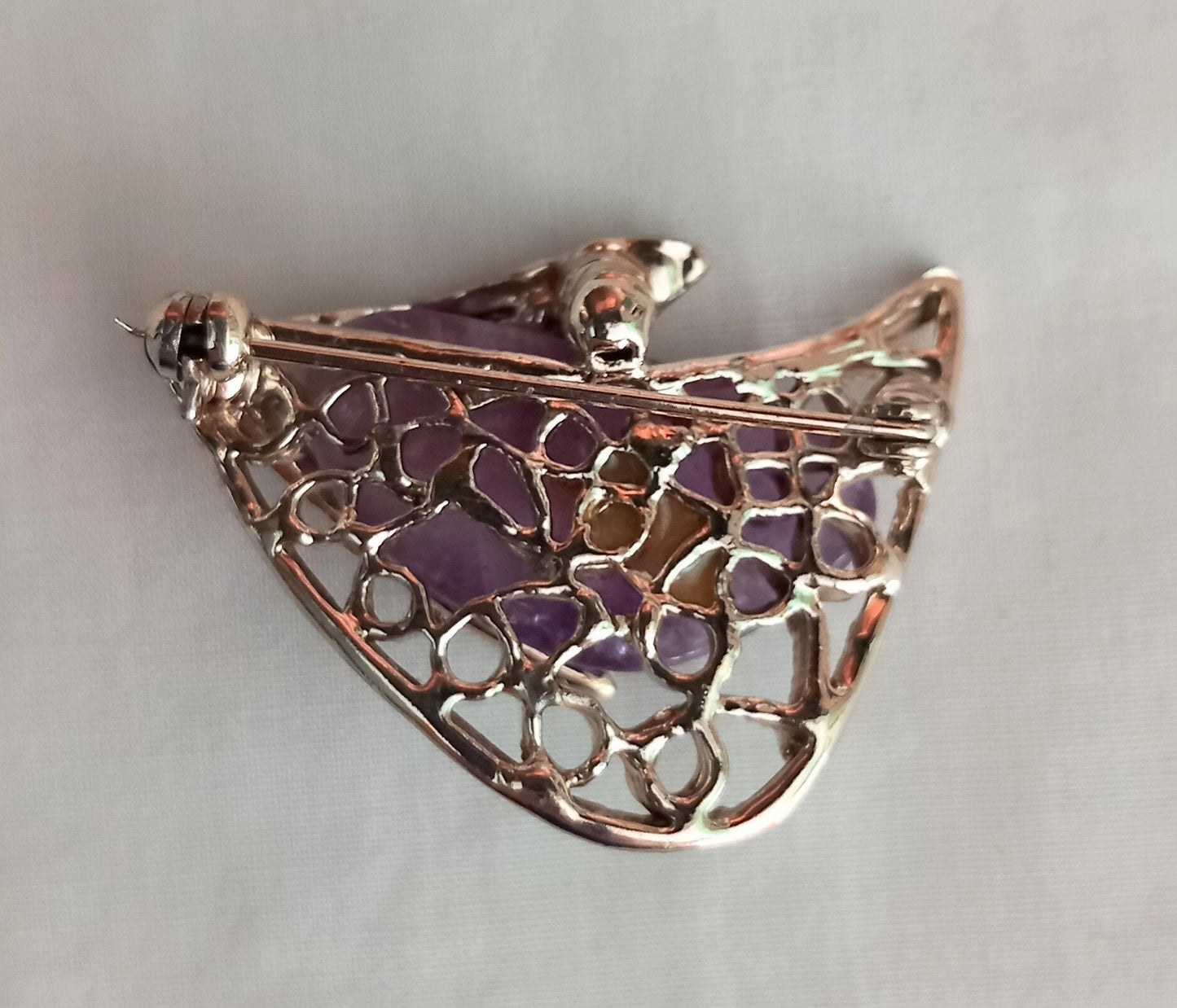 Mid Century Silvertone & Purple Amethyst Modernist Style Brooch