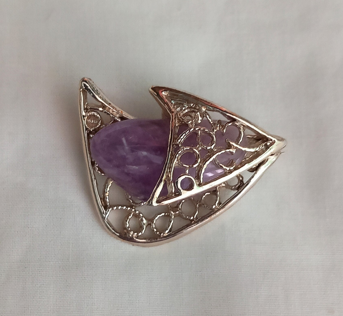 Mid Century Silvertone & Purple Amethyst Modernist Style Brooch
