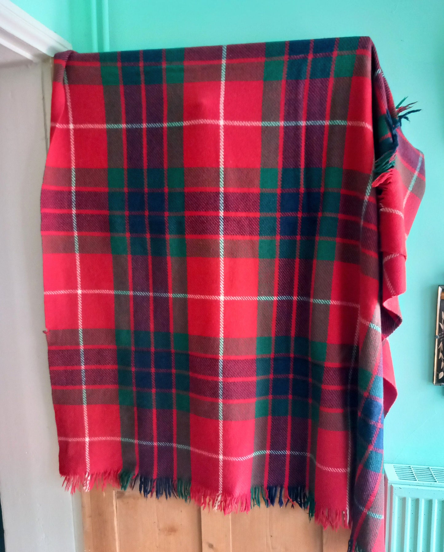 1970s Tartan All Wool Fringed Blanket 56 X 62" Red & Green Check