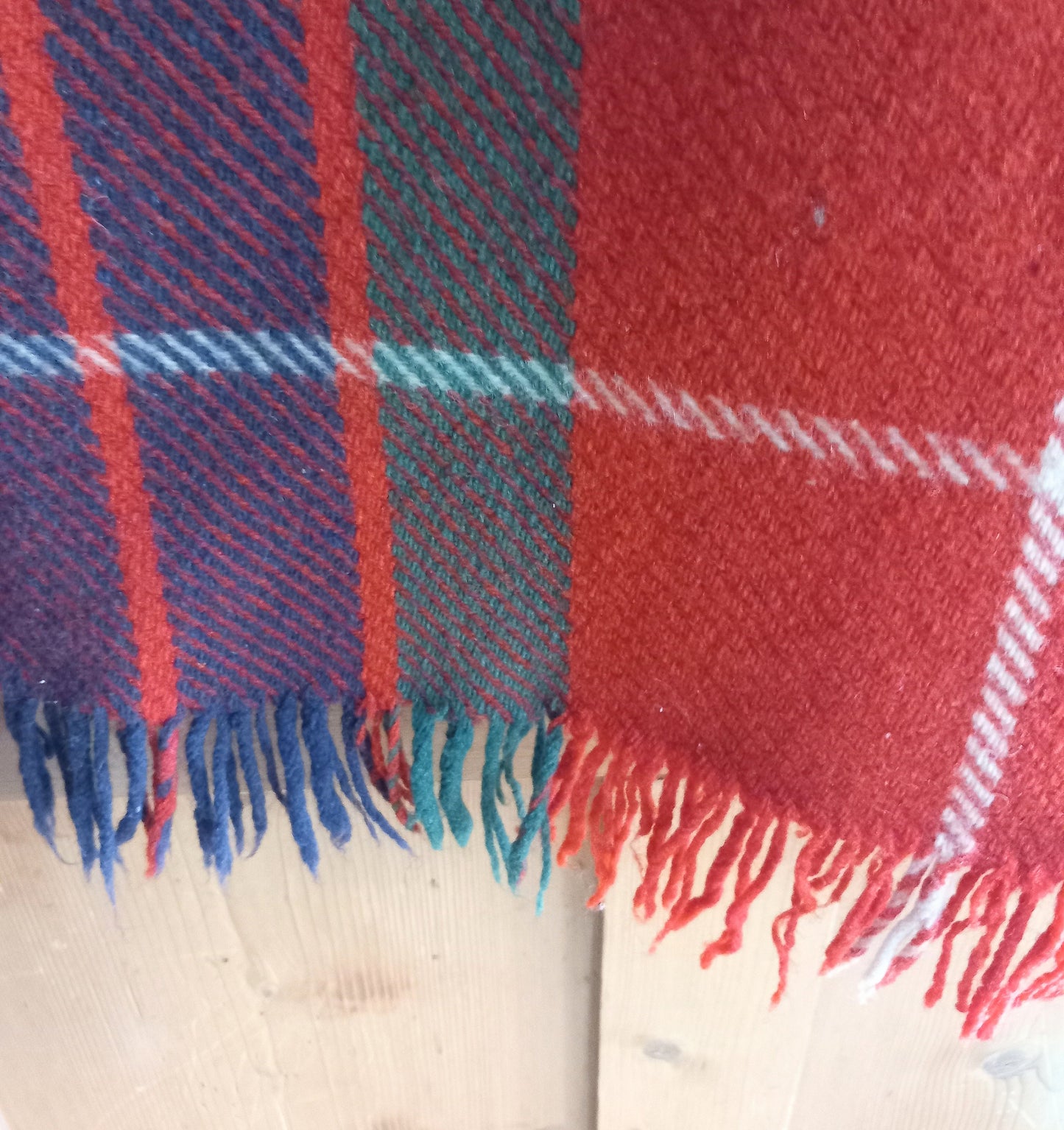 1970s Tartan All Wool Fringed Blanket 56 X 62" Red & Green Check