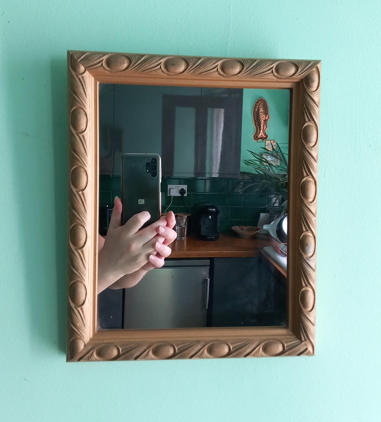 1980s Gold Peacock Feather Design Resin framed wall mirror 11.5"