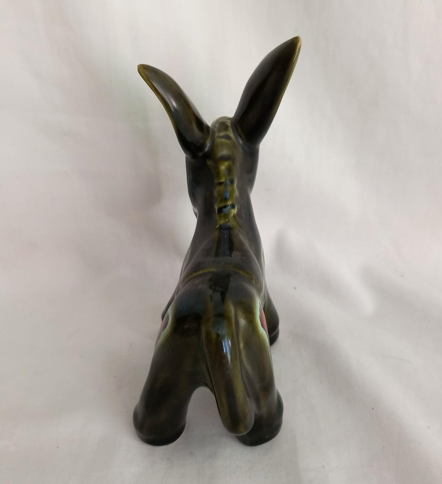 Mid century green and red lava glaze donkey statue