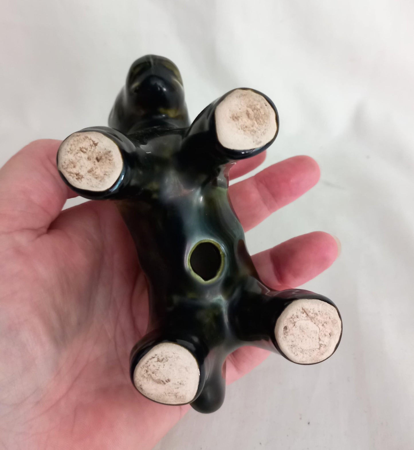 Mid century green and red lava glaze donkey statue