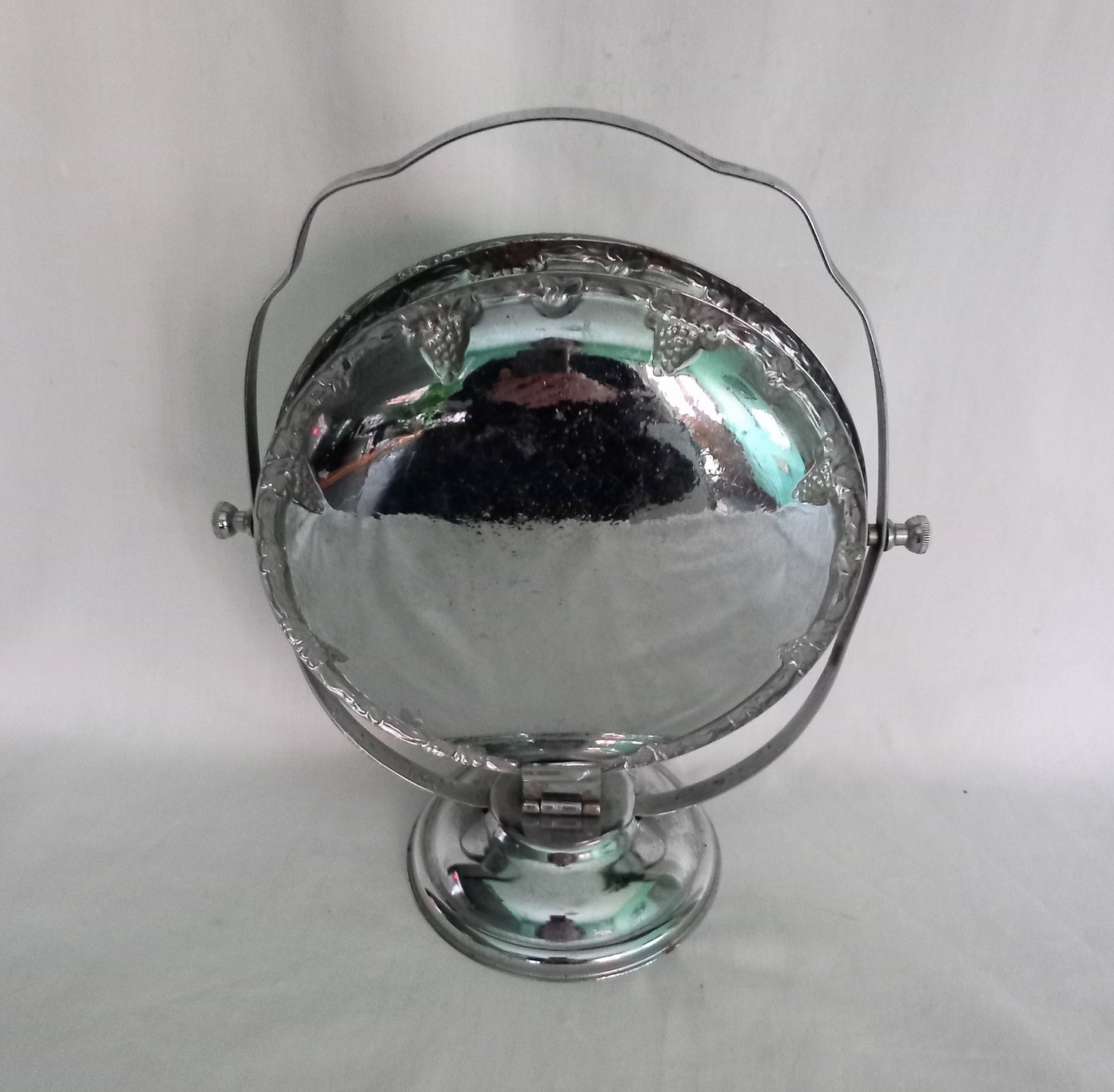 Vintage silver metal folding fruit stand with grape design