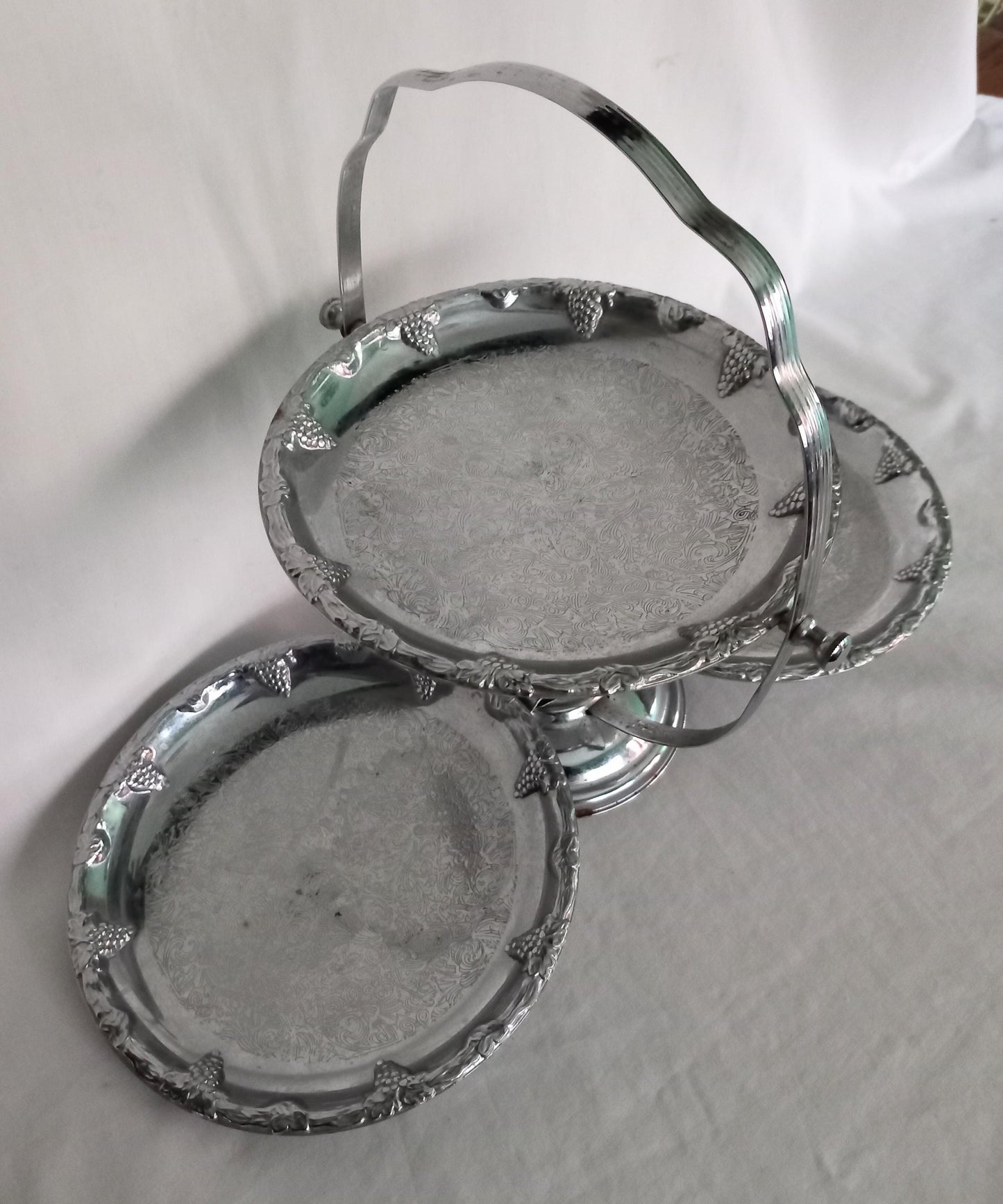 Vintage silver metal folding fruit stand with grape design