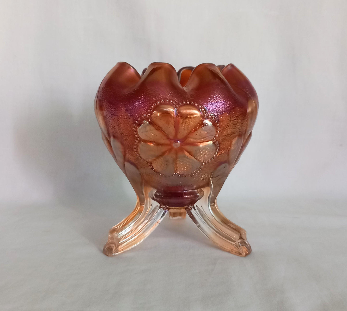 Northwood marigold carnival glass daisy & plume footed vase