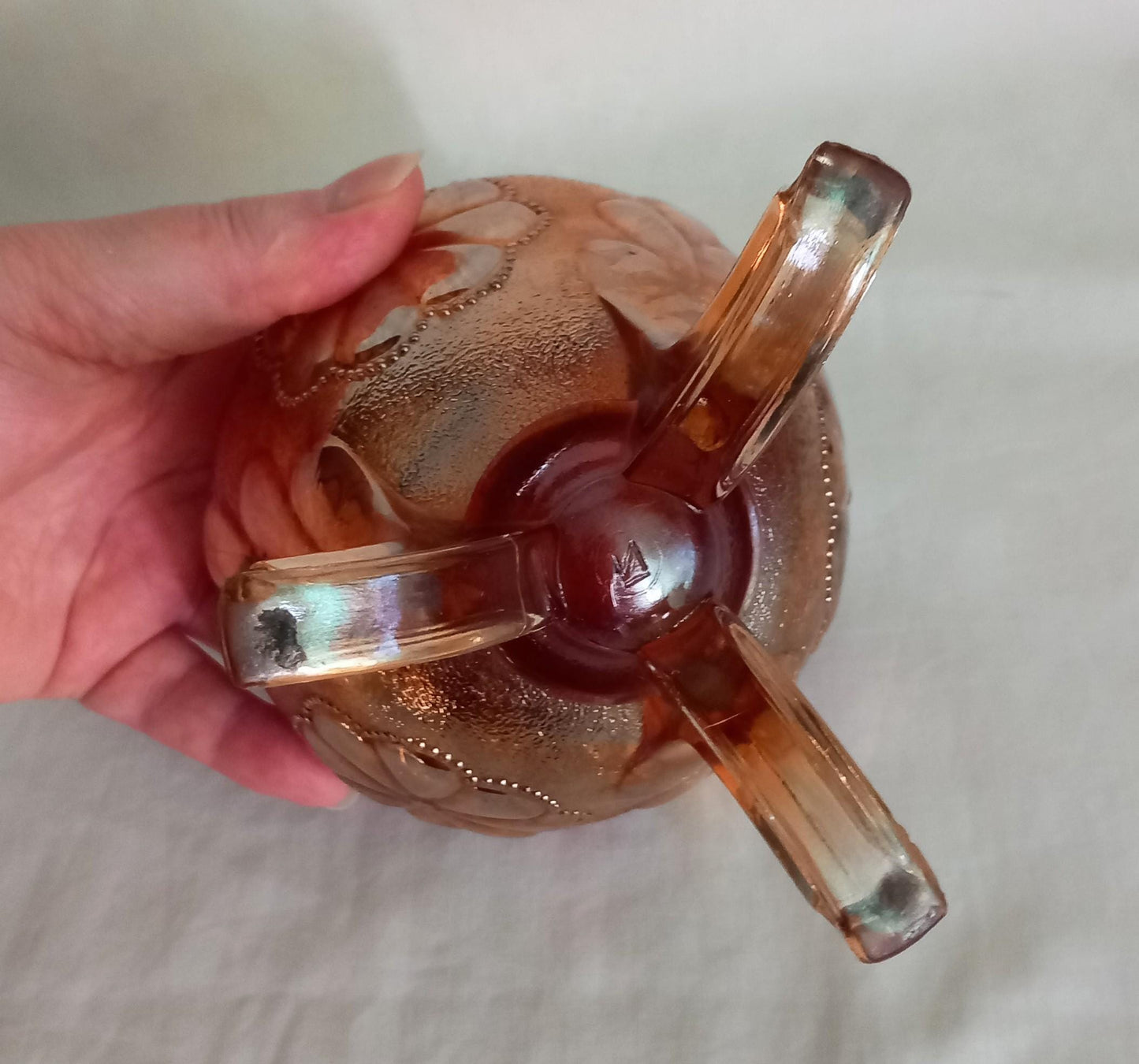 Northwood marigold carnival glass daisy & plume footed vase