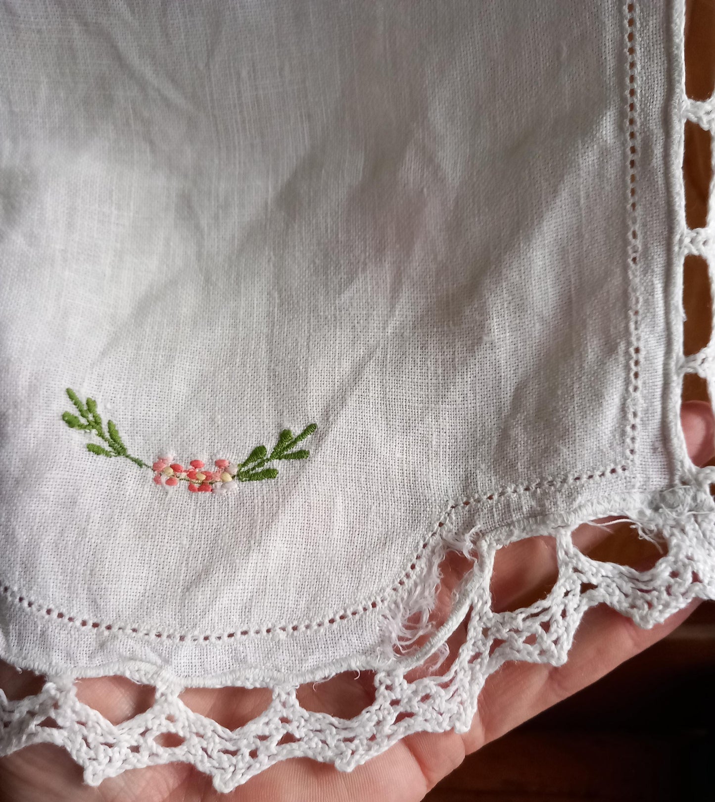 Antique hand made white cotton floral lace edged table runner