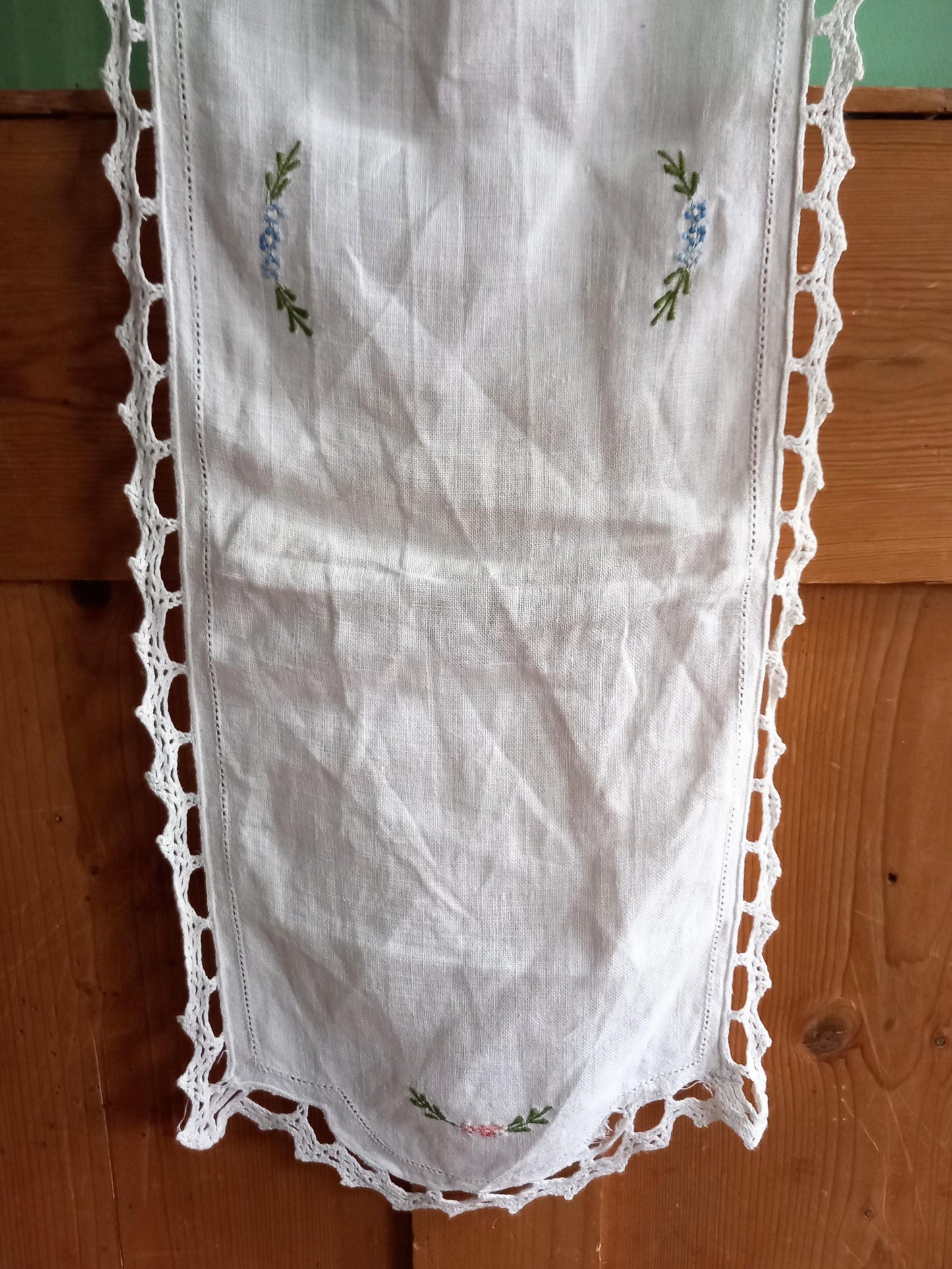 Antique hand made white cotton floral lace edged table runner