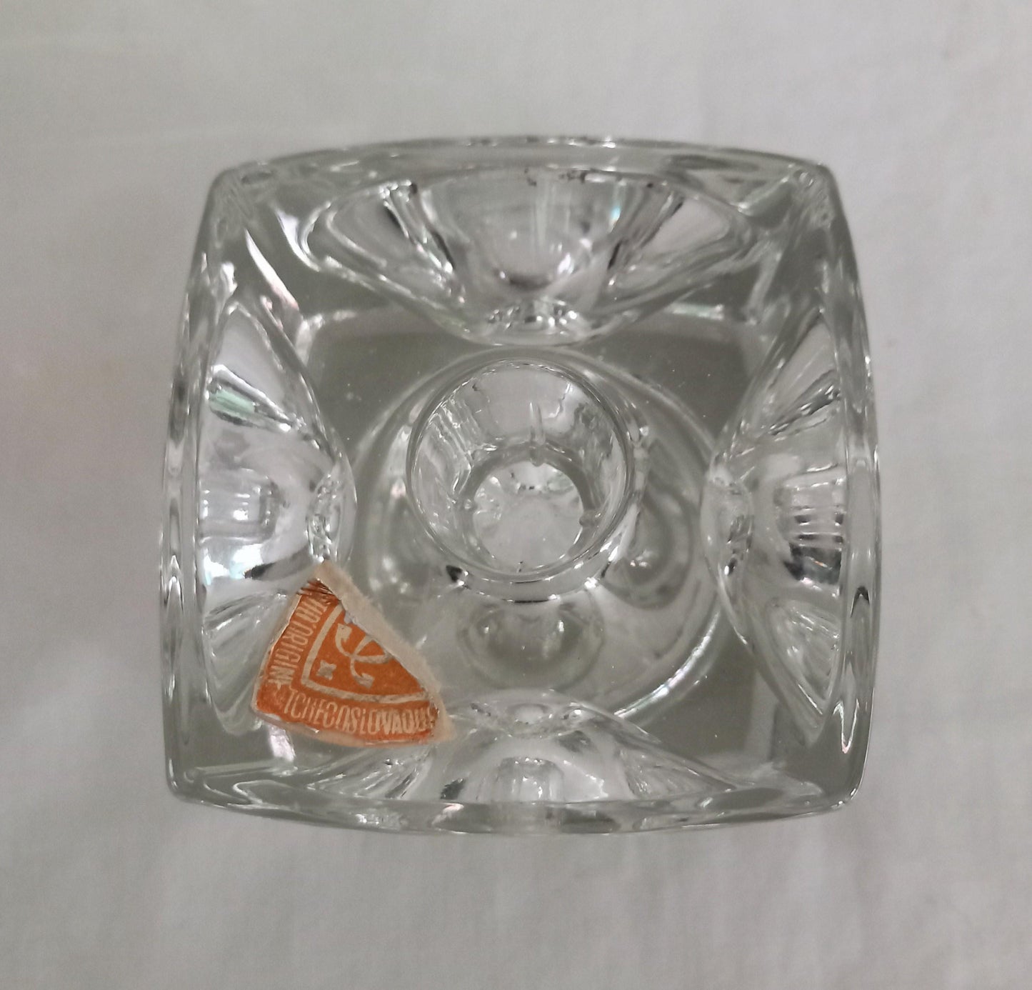 Mid century Sklo Union Rudolfova Hut clear glass cube candle holder by Rudolf Jurnikl