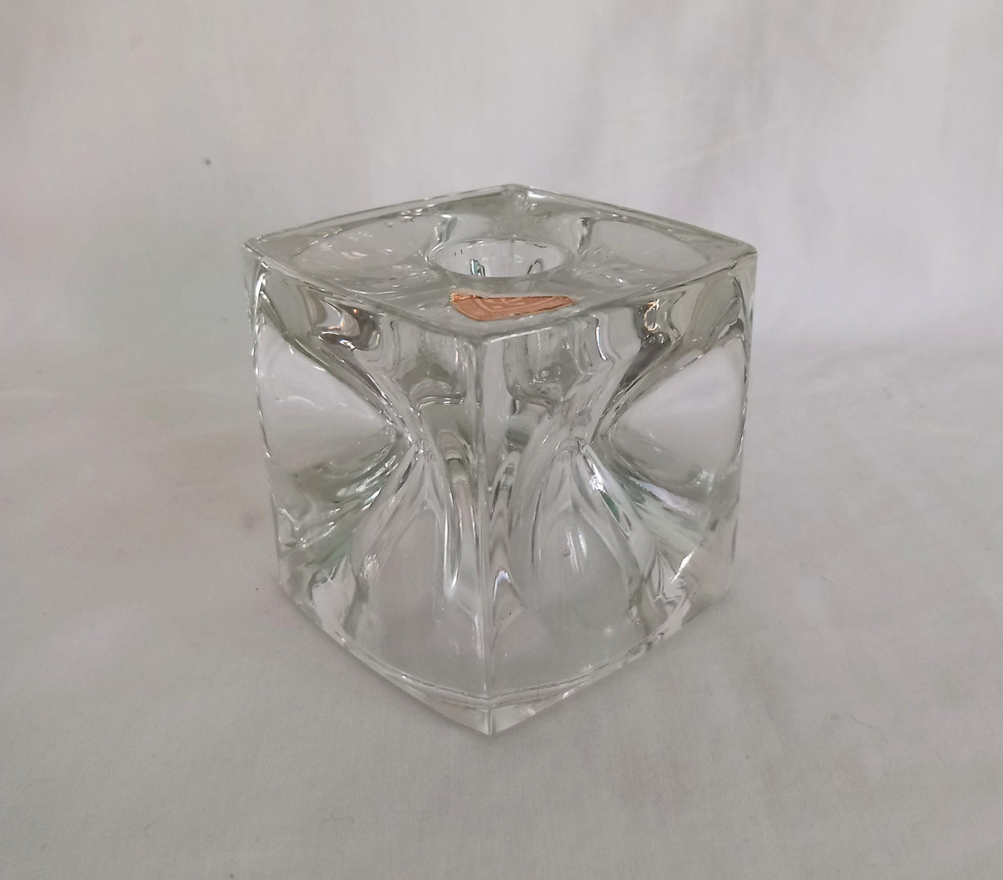 Mid century Sklo Union Rudolfova Hut clear glass cube candle holder by Rudolf Jurnikl