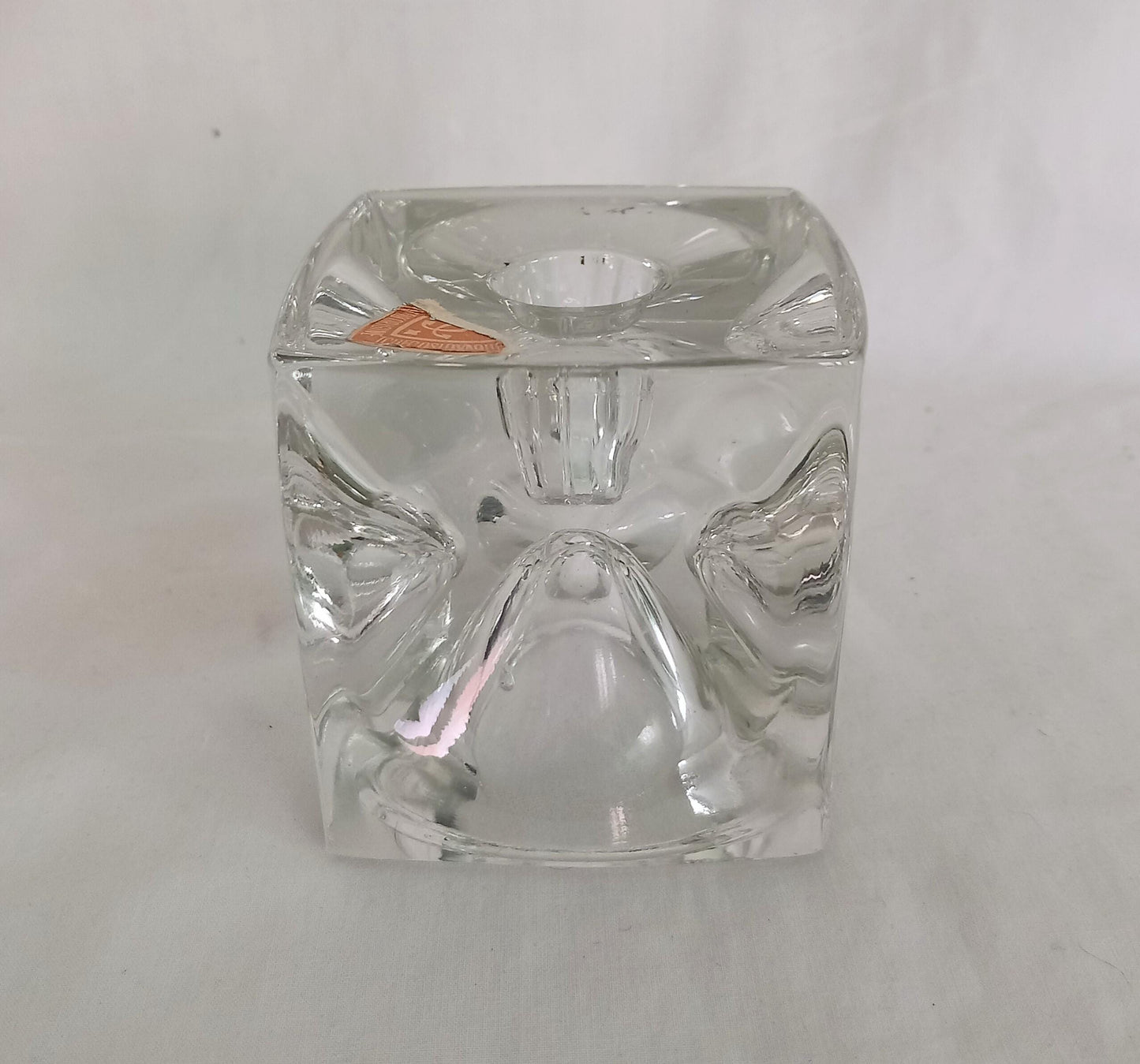 Mid century Sklo Union Rudolfova Hut clear glass cube candle holder by Rudolf Jurnikl