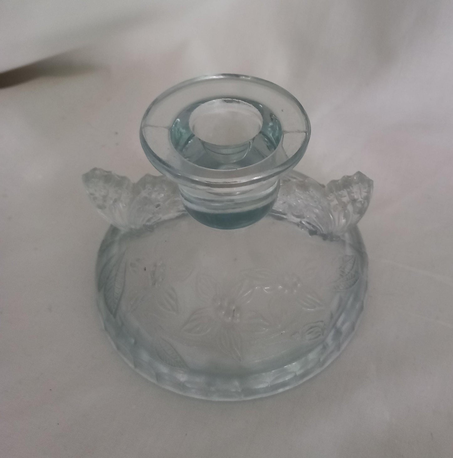 Art deco Sowerby blue butterfly design pressed glass partial dressing table set